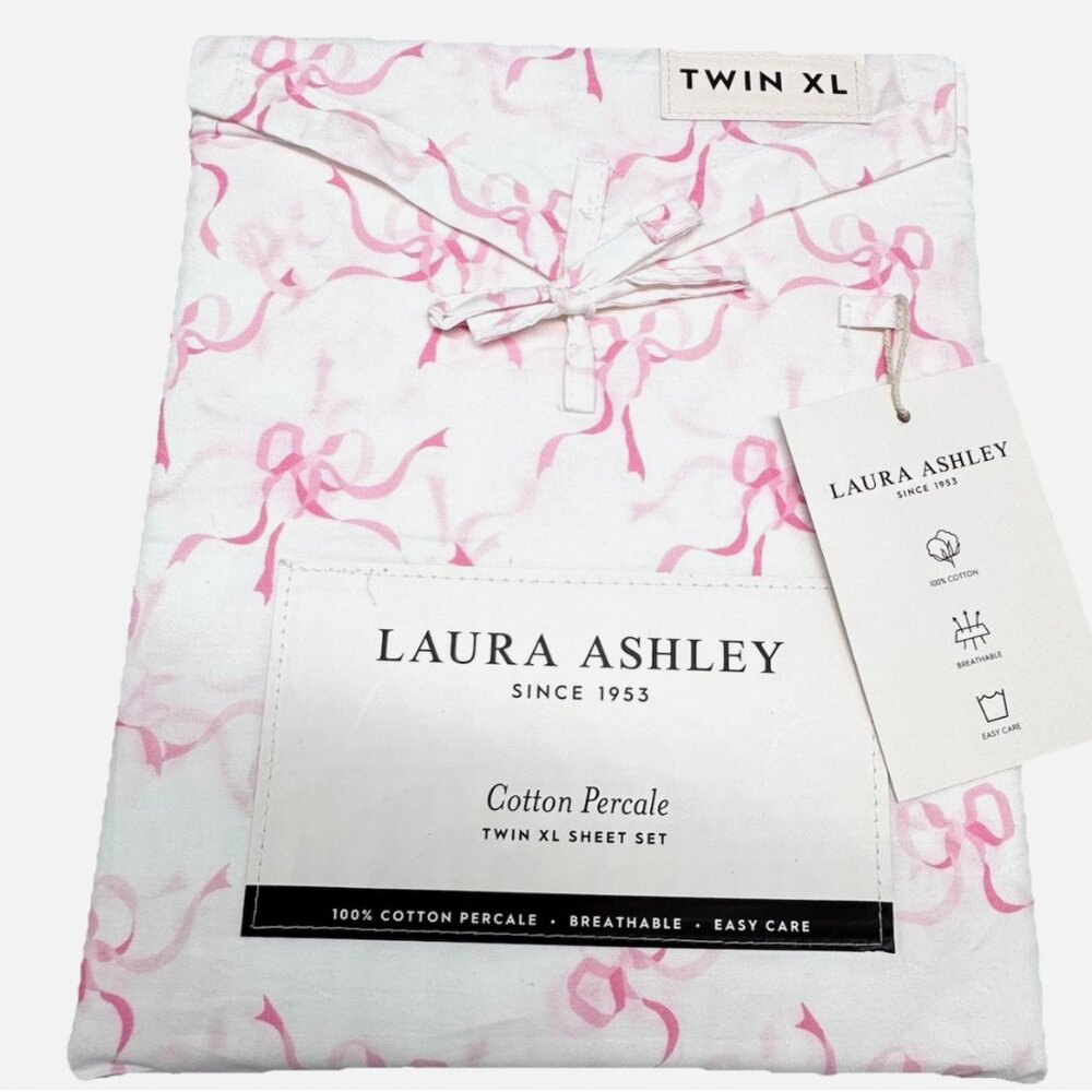 3pc Laura Ashley TWIN XL Sheet Set Pink TRAILING BOWS Coquette Ribbon Cottage